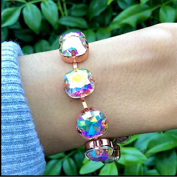 Aurora Borealis + Rose Gold Cushion Cut Crystal Tennis Bracelet - Picture 3 of 9